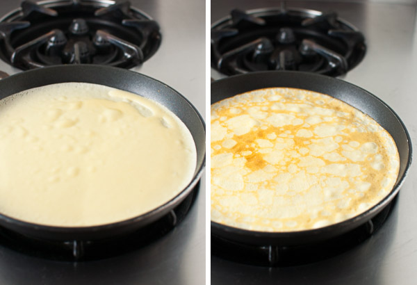 Crêpe being made in a skillet.
