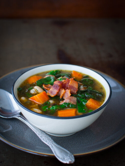Bowl of Swiss chard soup.