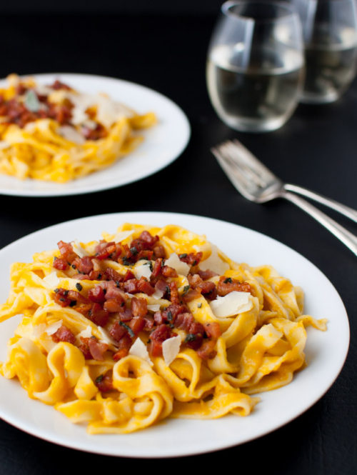 Butternut squash gets puréed into a creamy sauce for your favorite pasta. No cream needed. Fried pancetta and sage add extra flavor. | stg-tamingofthespooncom-staging.kinsta.cloud