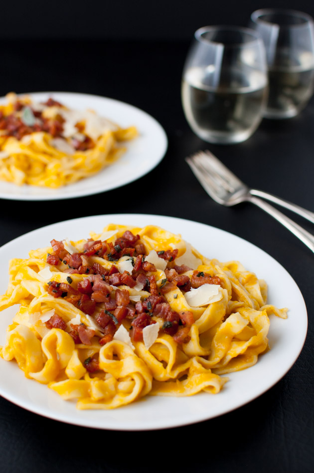 Butternut squash gets puréed into a creamy sauce for your favorite pasta. No cream needed. Fried pancetta and sage add extra flavor. | stg-tamingofthespooncom-staging.kinsta.cloud