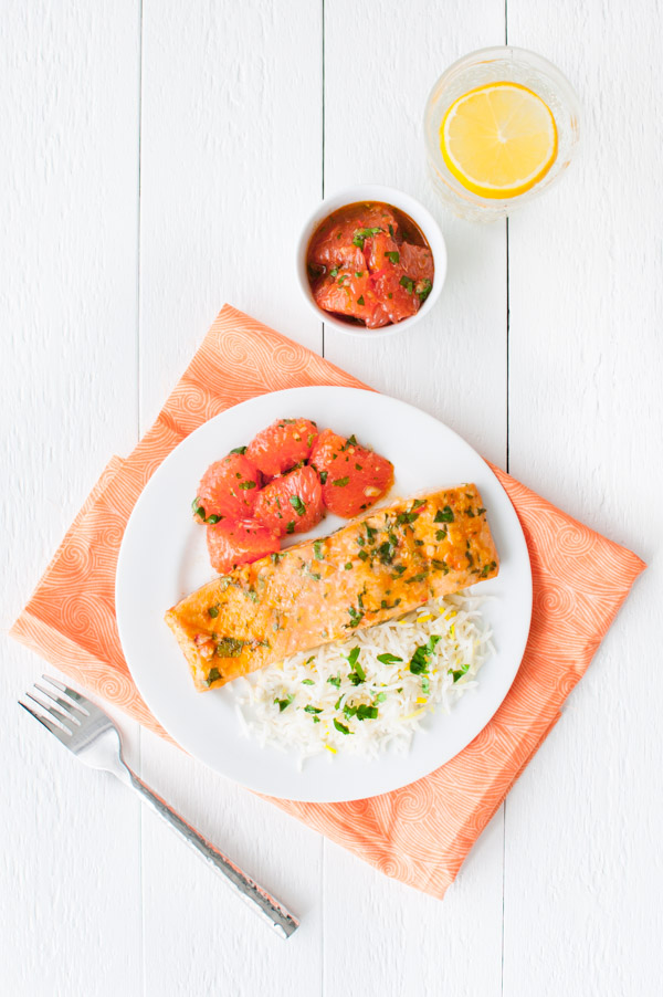 Fillet of roasted salmon served with some grapefruit salsa.