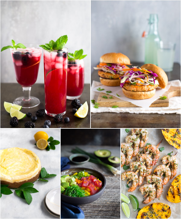 Collage of 5 images - blueberry lemonade, salmon burgers, lemon cheesecake, poke bowl, and grille shrimp skewers.