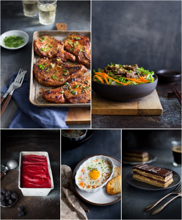 Collage of 5 images - pork chops, beef noodle bowl, blackberry sorbet, baked eggs, and opera cake.