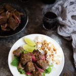 Plate of Vietnamese shaking beef and rice.