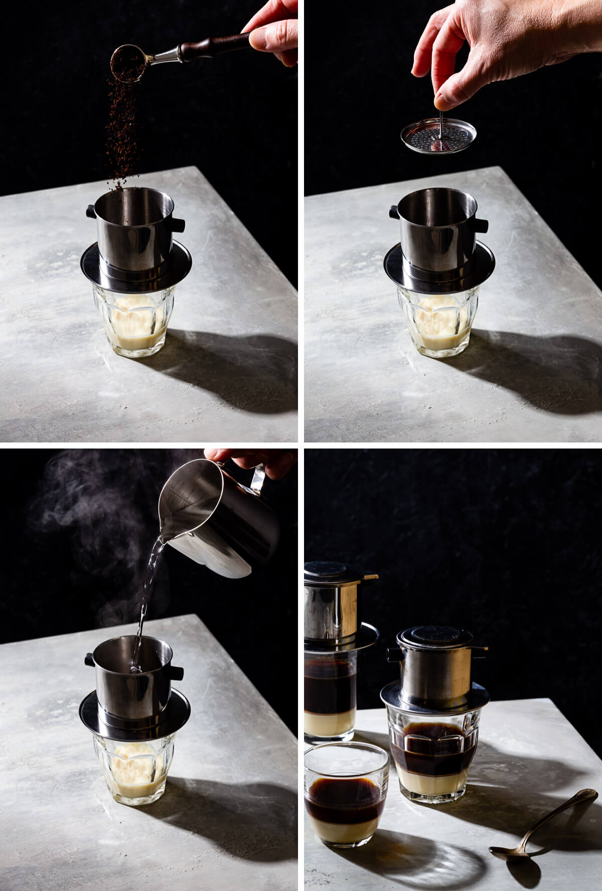 Steps to brew Vietnamese coffee with a phin filter.