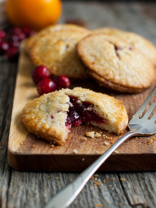 Close-up of filling in a cranberry-orange hand pie.